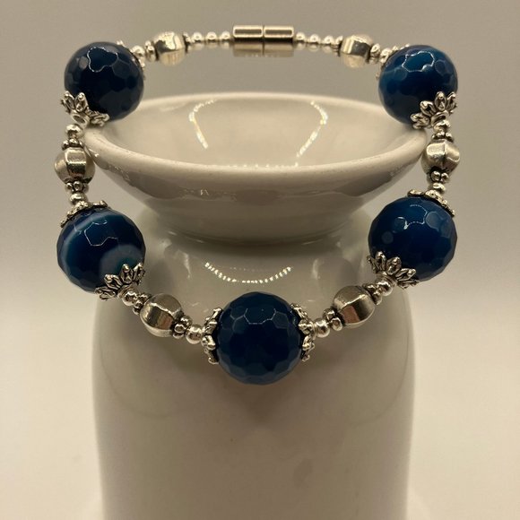 DARK Blue Agate Beaded Bracelet Large Agate Faceted Bead 14mm Grade A NEW - Picture 12 of 13